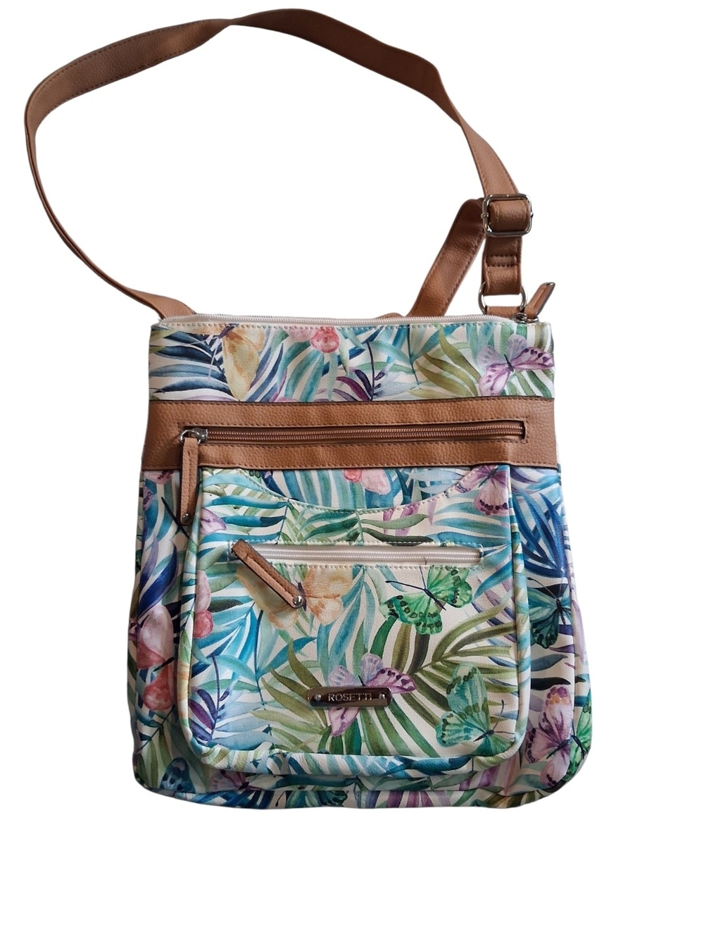 Rosetti Tan Trim Crossbody with Multicolor Tropical Print